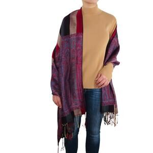 90s Vintage Purple & Pink Paisley Pashmina Scarf with Tassels Retro Bohemian